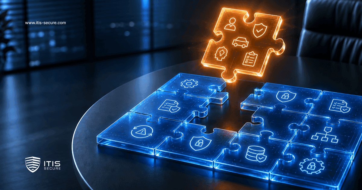 Glowing amber puzzle piece with automotive and security icons dropping into a blue cybersecurity puzzle with one empty slot, symbolising a TISAX label closing NIS2 requirements.