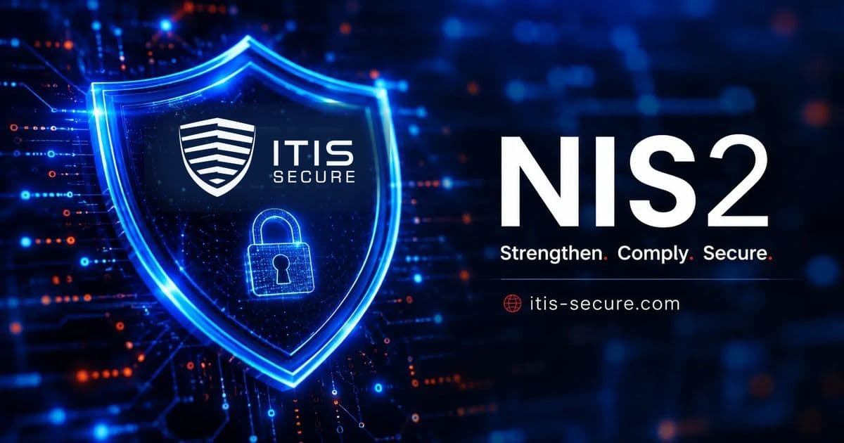 Glowing blue cybersecurity shield with the ITIS-Secure logo beside the NIS2 wordmark and the tagline Strengthen. Comply. Secure.