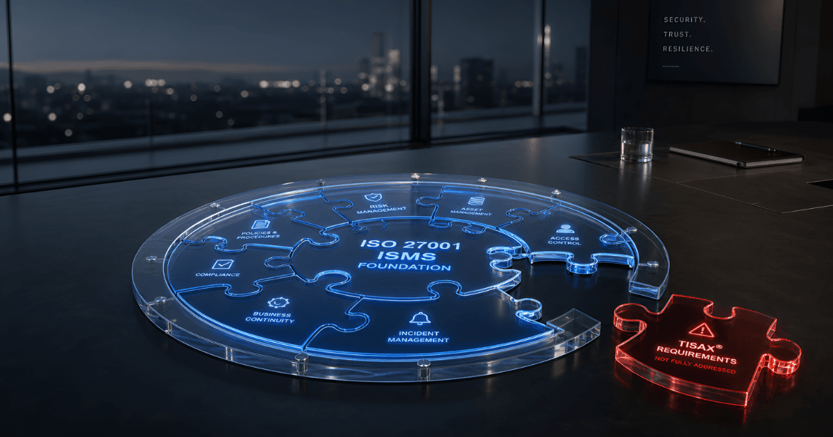 A sophisticated editorial illustration shows a glowing blue circular puzzle made of transparent acrylic resting on a dark executive boardroom table overlooking a nighttime city skyline. The interconnected pieces represent the "ISO 27001 ISMS Foundation" and are labeled with key security domains including compliance, policies and procedures, risk management, asset management, access control, incident management, and business continuity. One puzzle piece is missing from the circle, while a separate red illuminated piece labeled "TISAX® Requirements – Not Fully Addressed" sits beside it, visually emphasizing the gap between ISO 27001 certification and additional TISAX requirements. The scene conveys enterprise cybersecurity, trust, and the need to close remaining compliance gaps.