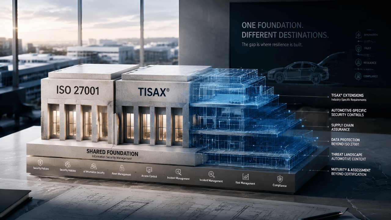 ISO 27001 to VDA ISA 6 (TISAX) control mapping: two pillars on a shared Information Security Management foundation, with TISAX extending into the automotive-specific controls — prototype protection, data protection, and maturity — that ISO 27001 does not cover.