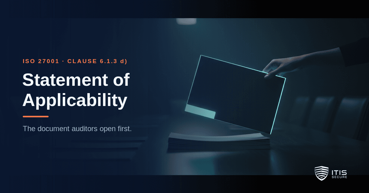 A hand lifting a glowing ISO 27001 Statement of Applicability document from a stack of ISMS documents on a dark boardroom table.