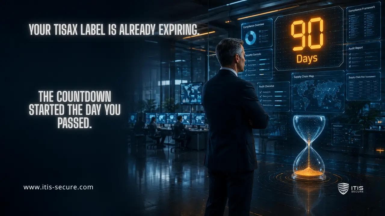A compliance manager watching a holographic dashboard with an amber 90-day countdown and a draining hourglass, surrounded by TISAX audit-readiness panels: the race to recertify before a TISAX label expires.