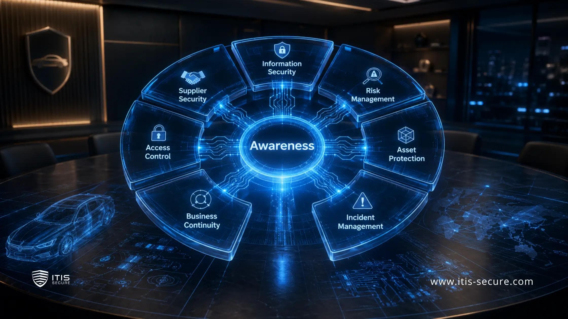 A glowing blue wheel with "Awareness" at its hub, ringed by information-security domains: information security, risk management, asset protection, incident management, business continuity, access control and supplier security, illustrating security awareness training as the centre of TISAX preparation.