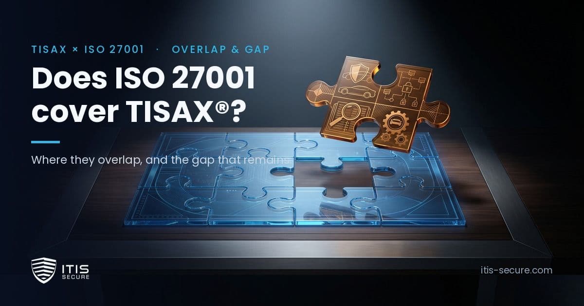 Blue jigsaw puzzle missing one piece, filled by a gold automotive-security piece, illustrating the overlap and the gap between ISO 27001 and TISAX.